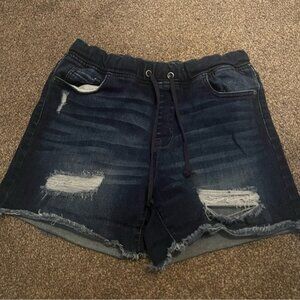 Guess Jeans Dark Wash Distressed Cut Off Raw Hem High Waisted Denim Shorts